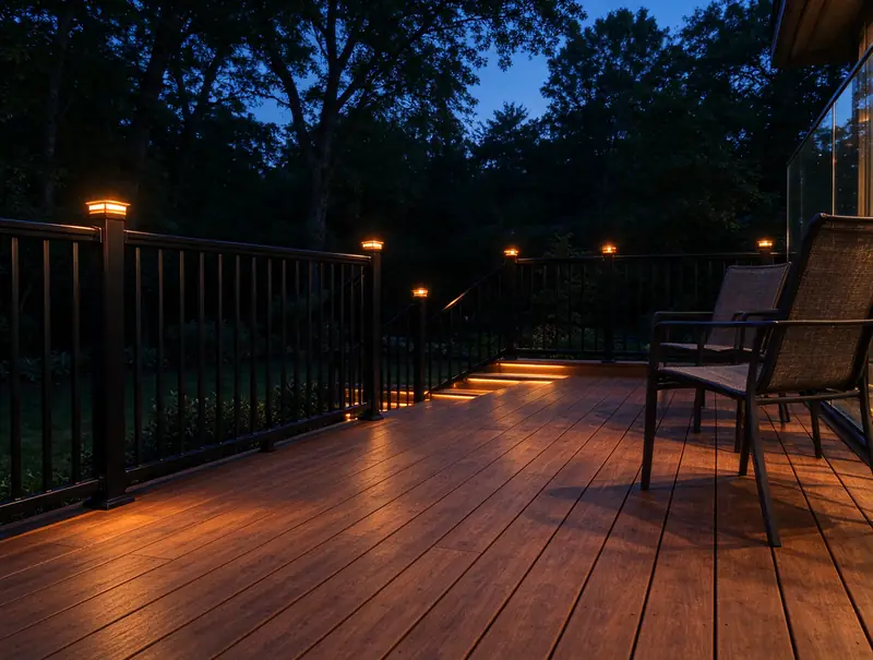 Deck with black railings and post lights at dusk (illustrative)