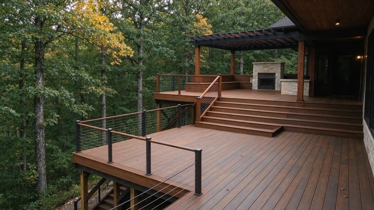 Multi-level wood deck on a wooded Ozarks hillside (illustrative image)
